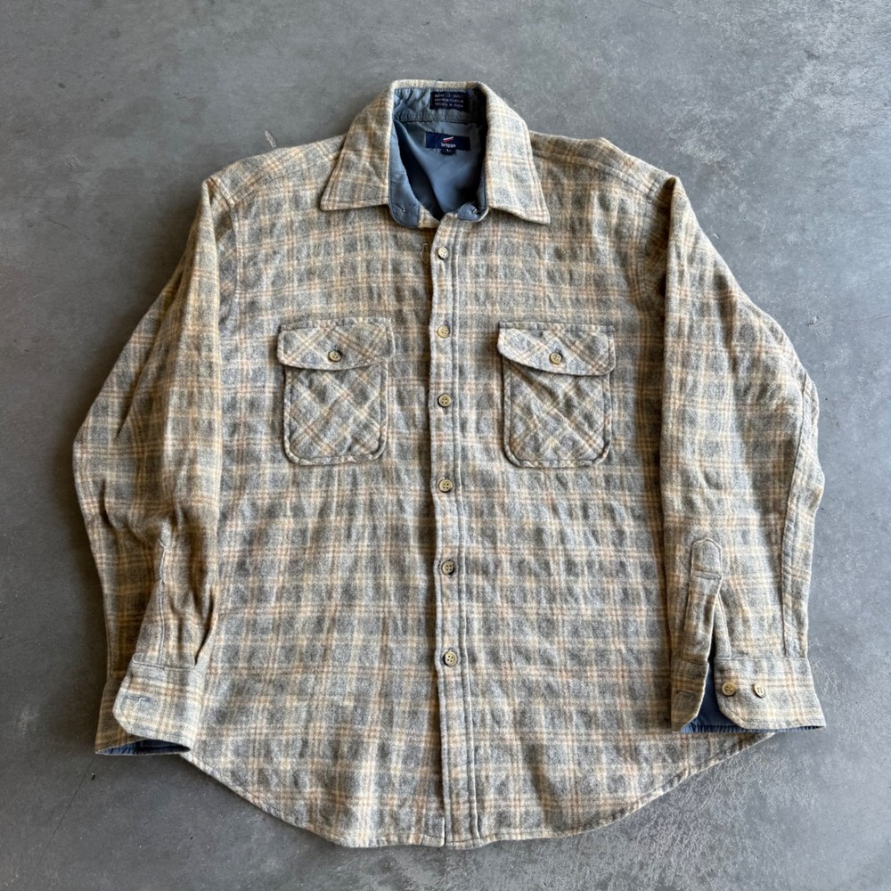 Vintage Briggs Mens Wool Blend Plaid Flannel Shirt Jacket Lined Tan Grey Large
